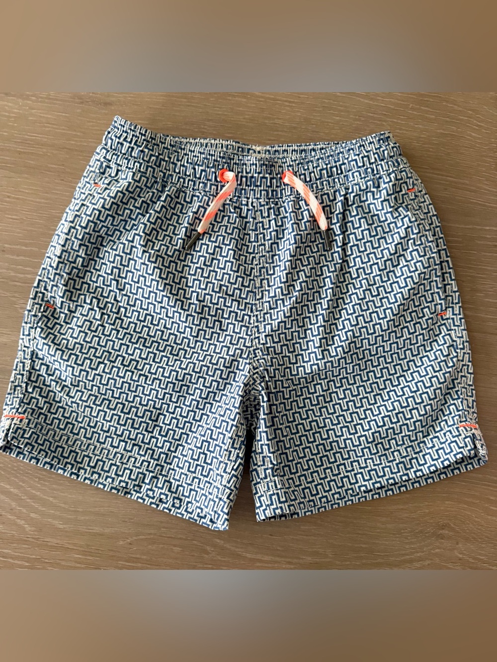 Crewcuts Boys Navy and White Geometric Swim Trunks with Coral Drawstring Size 4